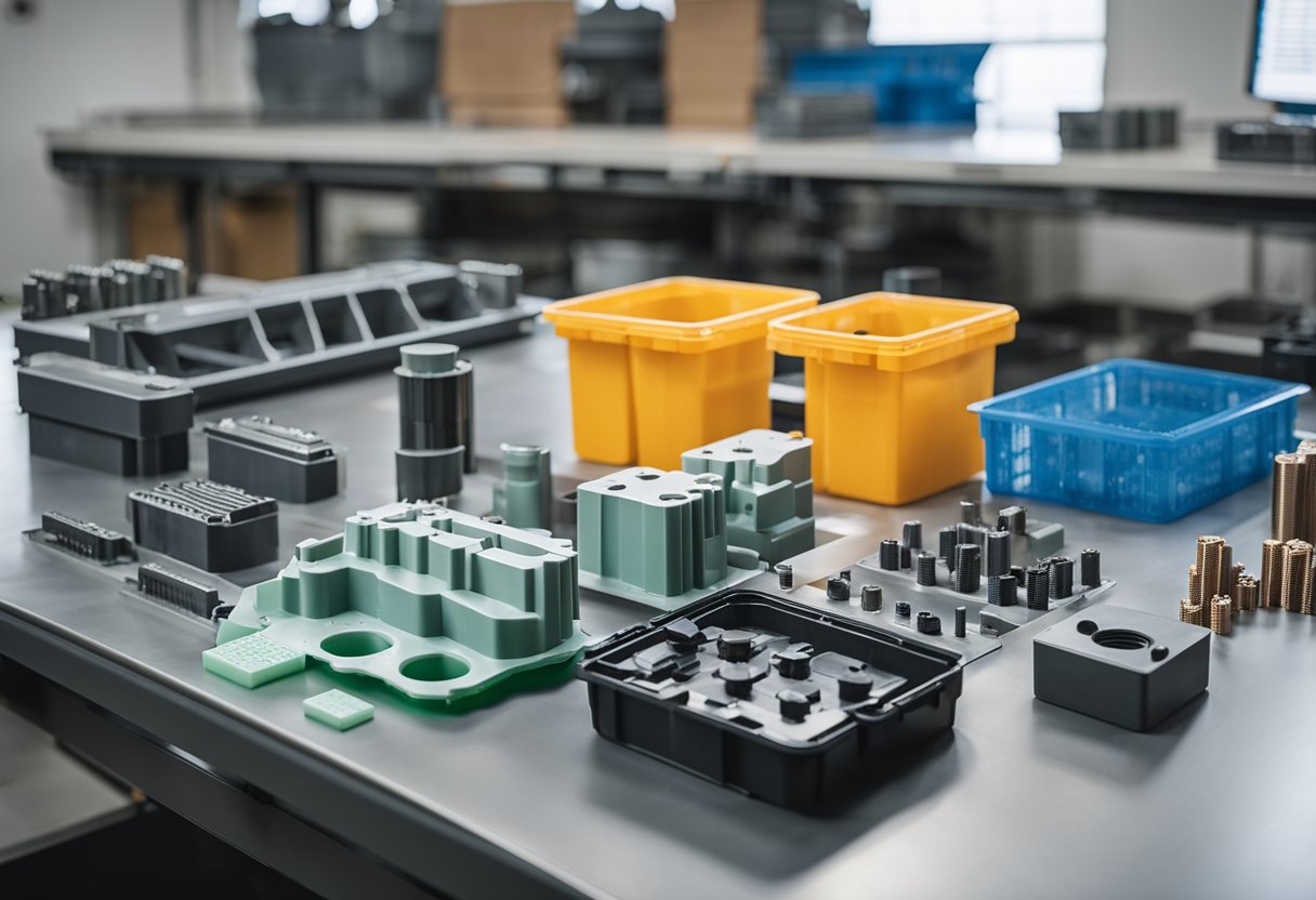 Mold materials arranged on a workbench with plastic injection molding machine in the background. Various types of mold materials such as steel, aluminum, and copper are neatly organized and labeled