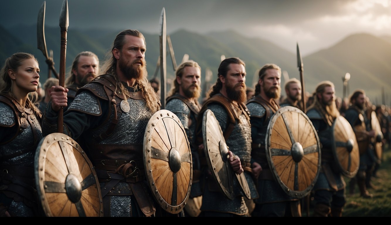 Viking warriors stand in tight shield-wall formation, locking shields and advancing as a unified force towards their enemy