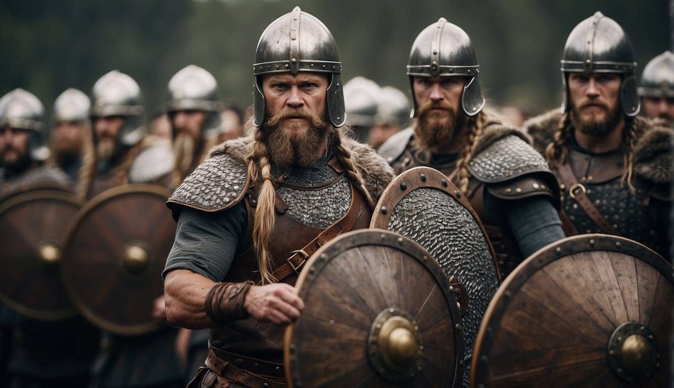 Viking warriors form a tight shield wall, overlapping shields for protection. They advance in unison, creating a formidable defensive formation