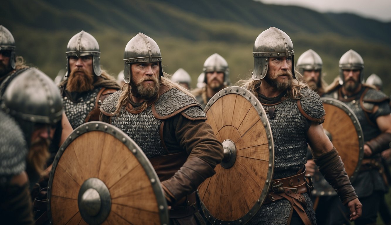 Viking warriors form a tight shield wall, advancing with precision and strength, dominating the ancient battlefield with strategic advantages in combat