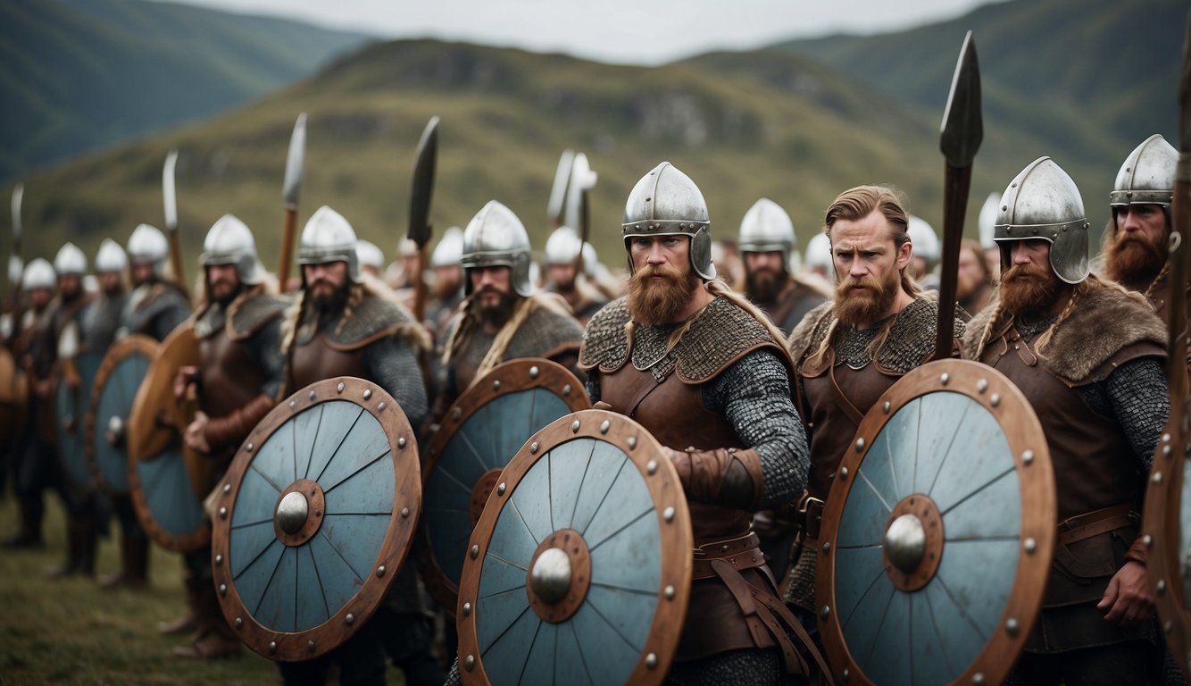 Viking warriors in shield-wall formation advance, shields locked, weapons raised, ready for battle