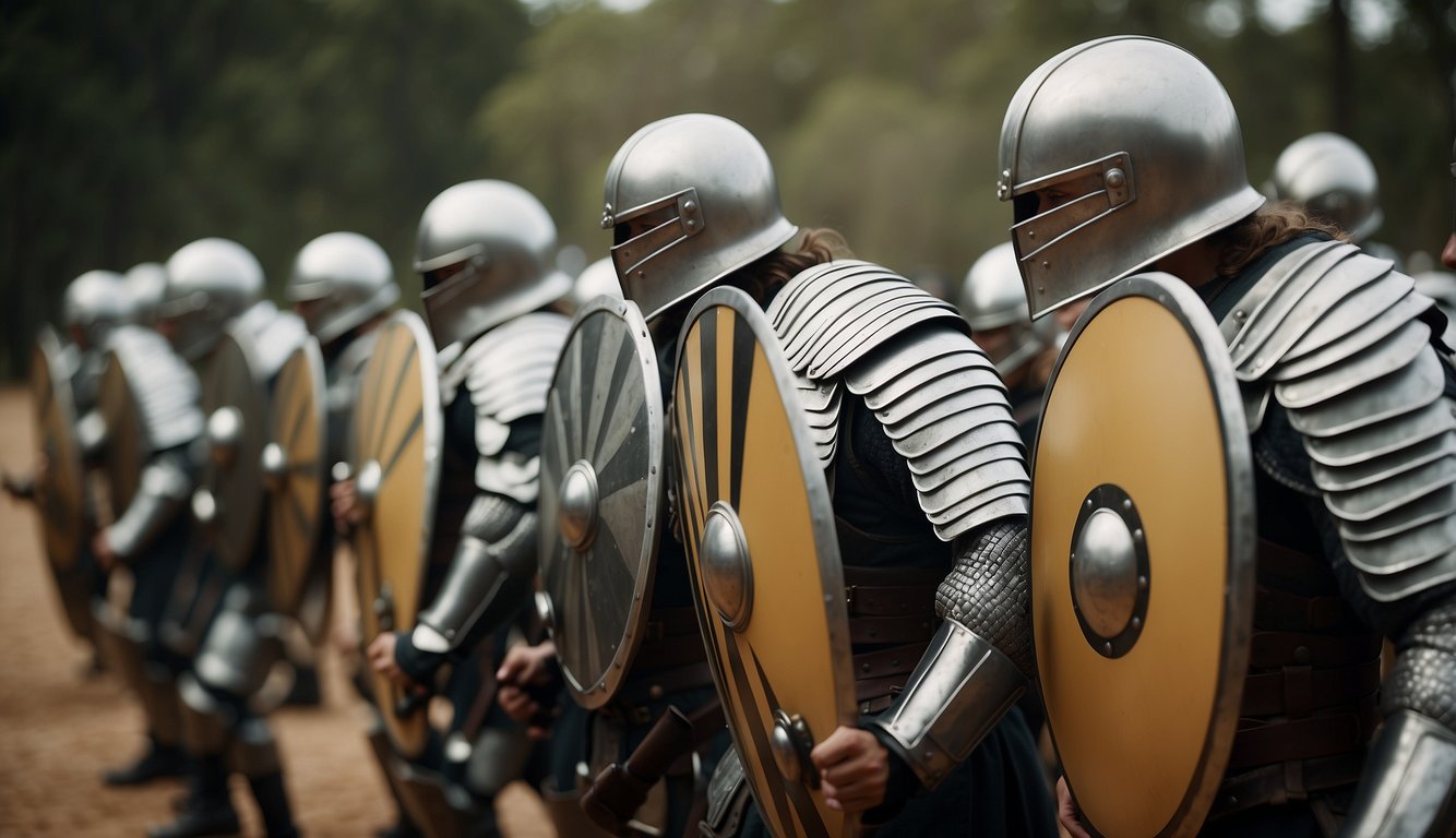 A tight formation of shields advances, overlapping and interlocking, creating a formidable barrier against enemy attacks. The warriors move forward with coordinated precision, their shields creating a solid wall of defense