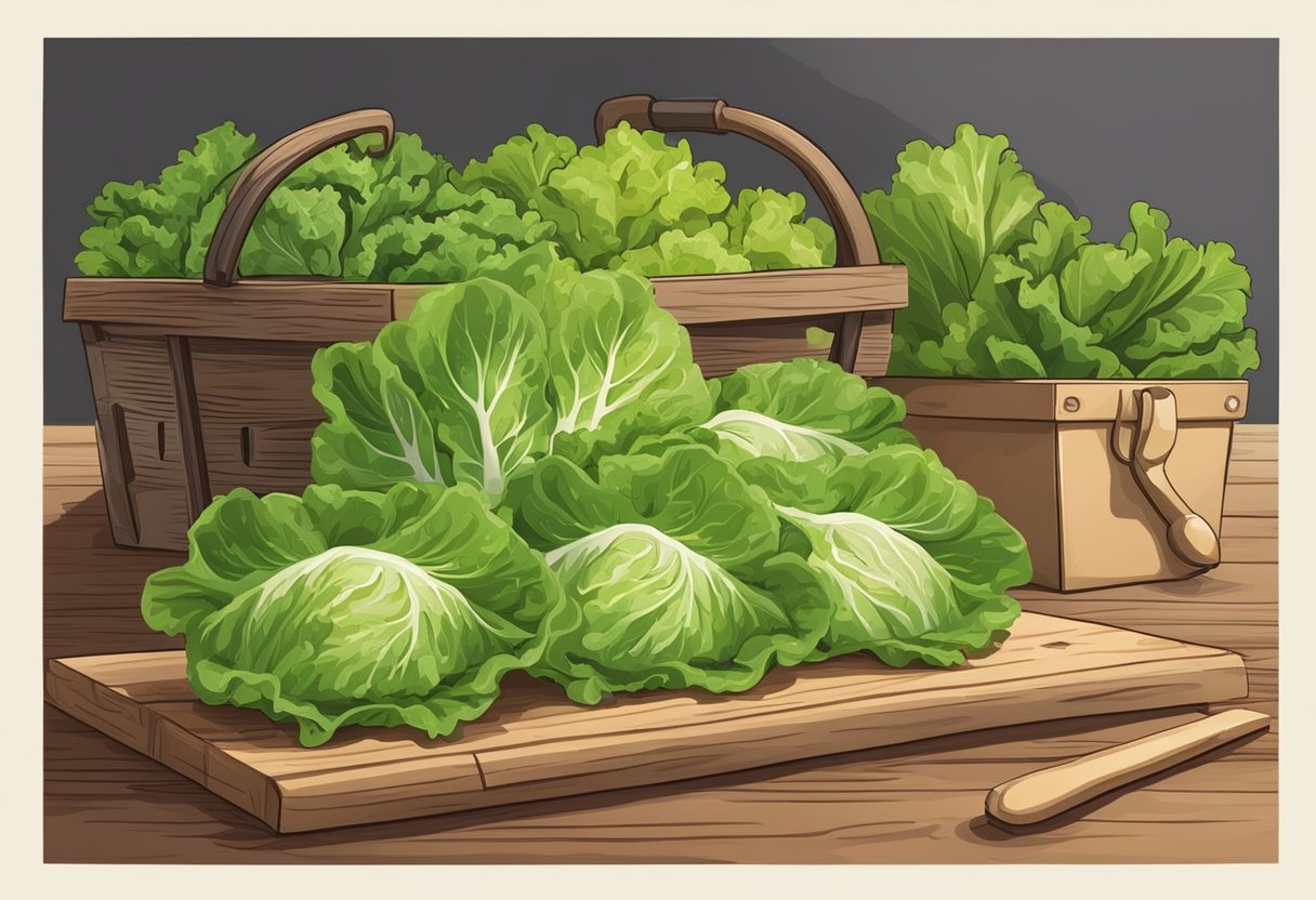 Fresh lettuce, just harvested, sits on a wooden table. A calendar with the harvest date is visible nearby. The lettuce looks crisp and vibrant, ready to be used in a meal