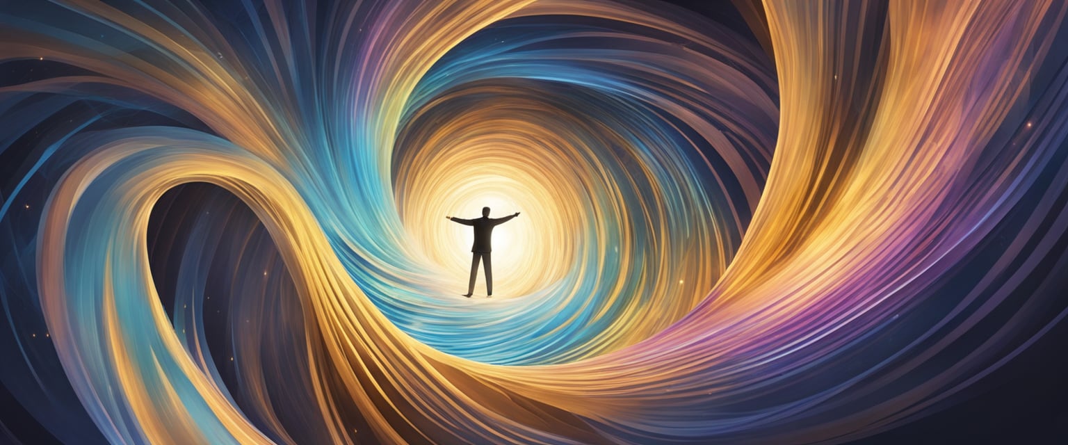 A figure hovers above a swirling vortex, symbolizing a quantum leap in spiritual growth and evolution. Rays of light emanate from the figure, illuminating the path forward