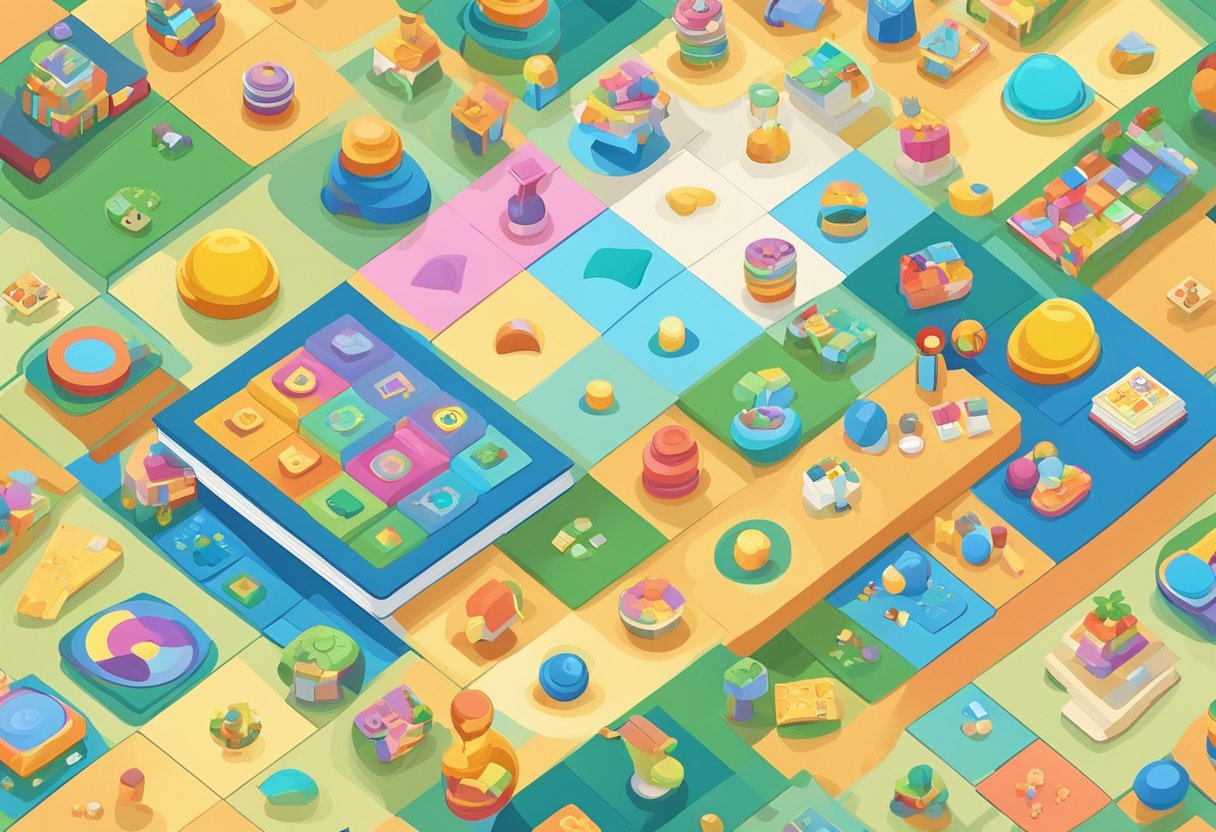 A colorful board with various cognitive games, such as puzzles, memory cards, and pattern matching, surrounded by children's books and educational toys