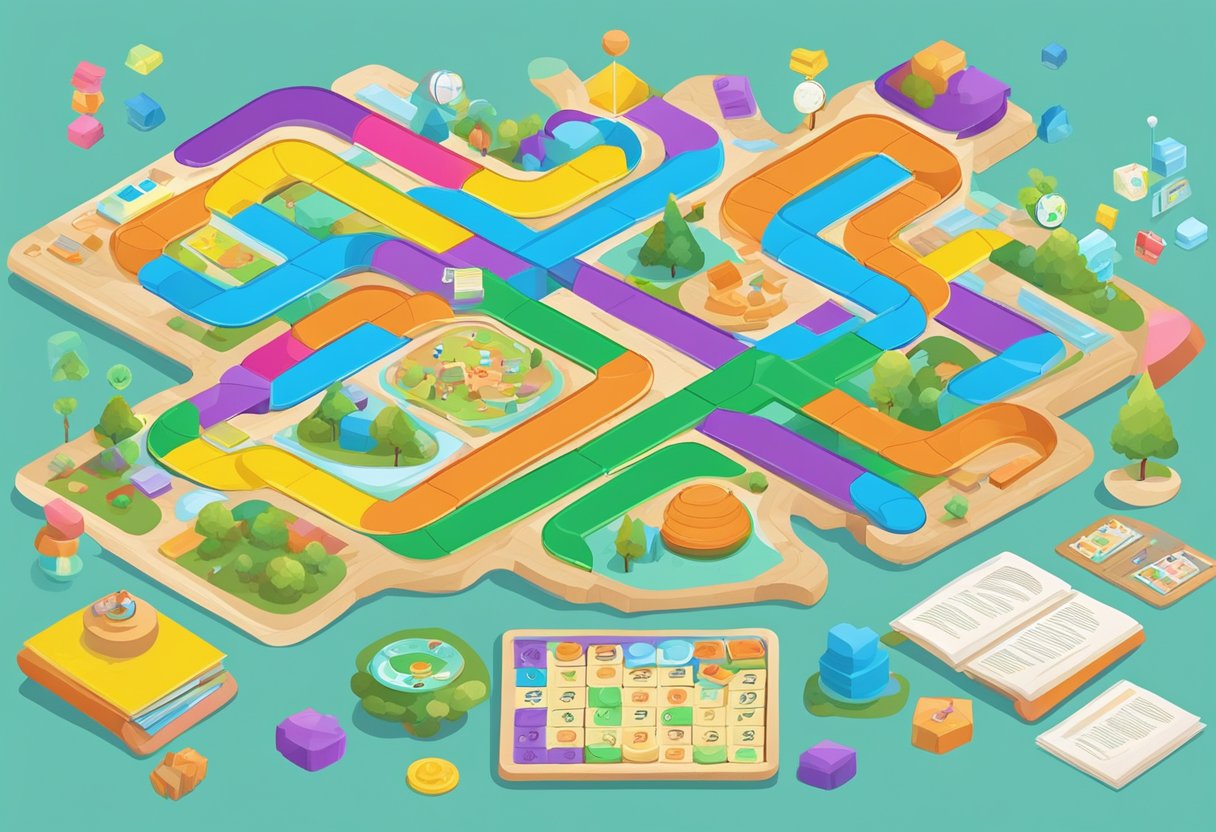 A colorful board game with various cognitive tasks and challenges, surrounded by playful and engaging educational materials