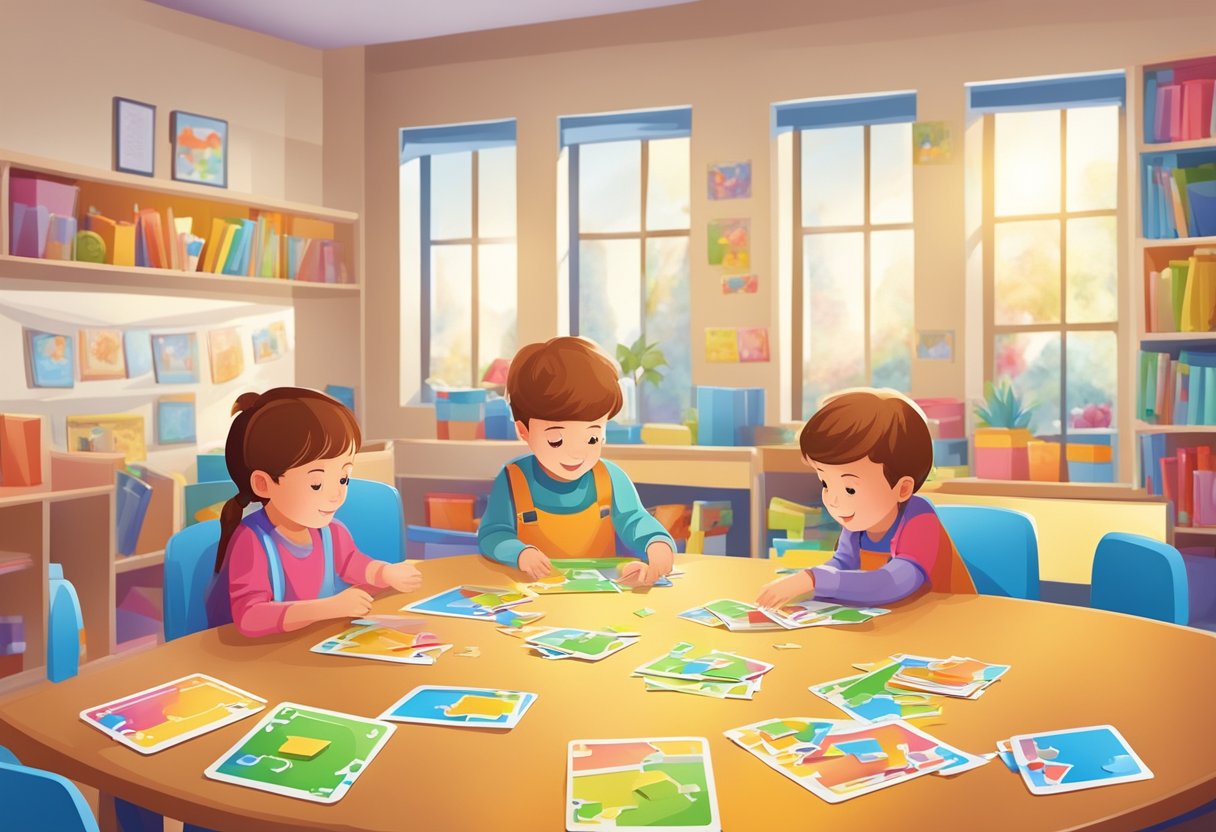 A colorful classroom with children playing educational games, using cards and puzzles to develop cognitive skills