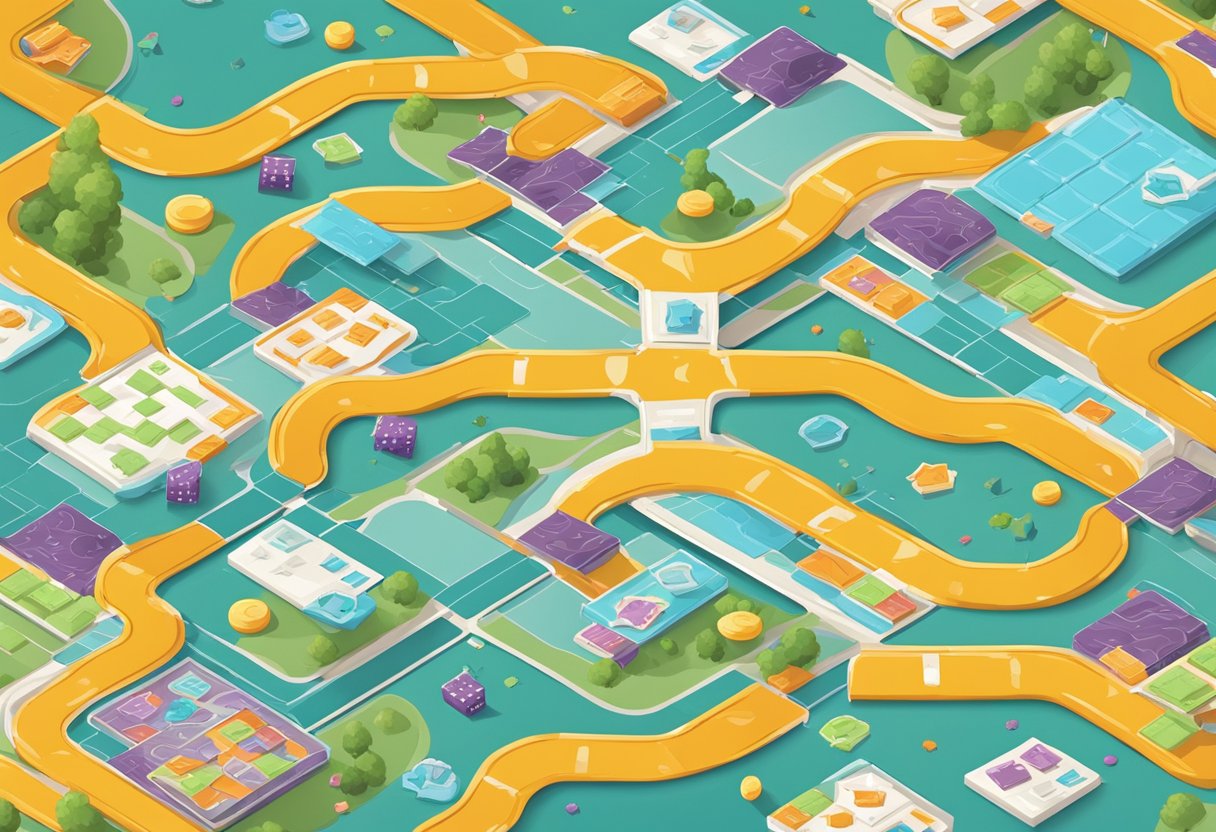 A colorful board game with various cognitive challenges and solutions. Pieces and cards scattered around. Bright and engaging design