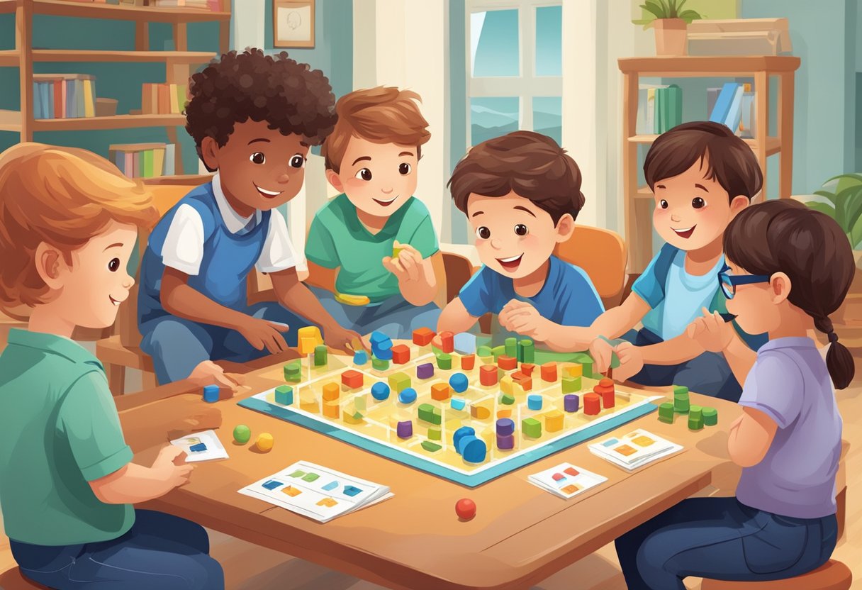 A group of children playing educational games, showcasing cognitive skills and evidence of successful learning outcomes