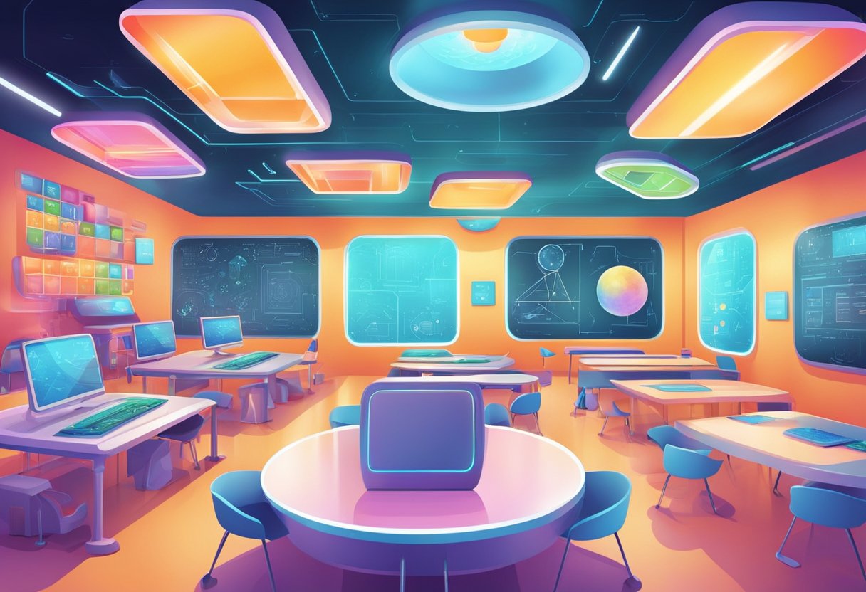 A futuristic classroom with interactive educational games and advanced technology. Bright colors and engaging designs stimulate cognitive skills