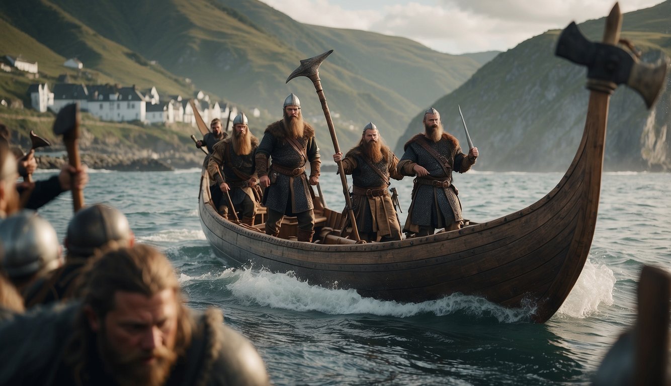 Viking longship approaching a coastal village, with warriors wielding axes and shields, instilling fear and panic among the villagers