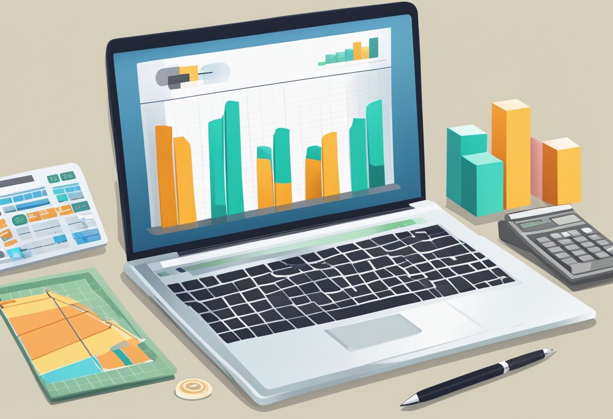 A laptop displaying a blog post with a graph showing decreasing costs and increasing ROI. A calculator and dollar signs symbolize savings and profits