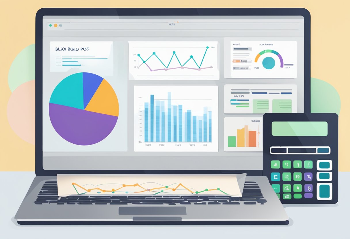 A laptop displaying a blog post with a chart showing cost reduction and ROI maximization. A stack of marketing reports and a calculator are nearby