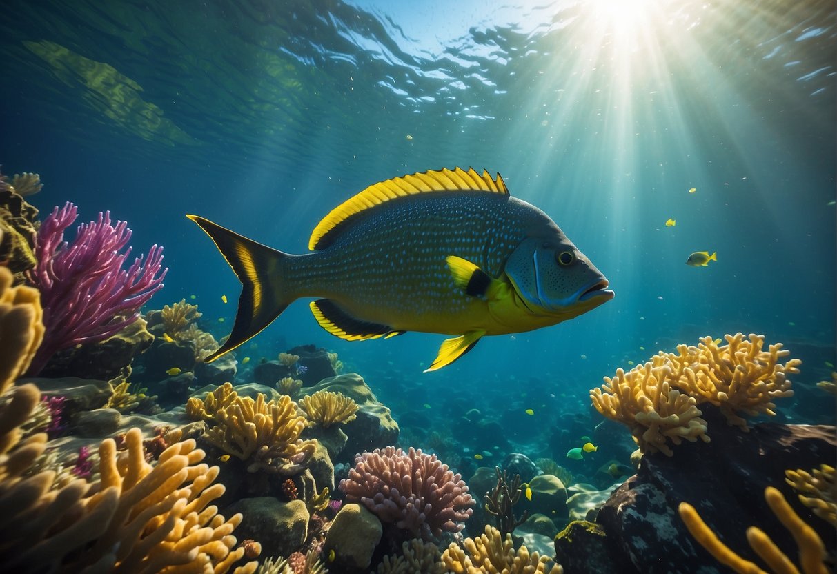 A vibrant underwater scene with a school of Mahi Mahi swimming among colorful coral and sea plants, with sunlight streaming through the water