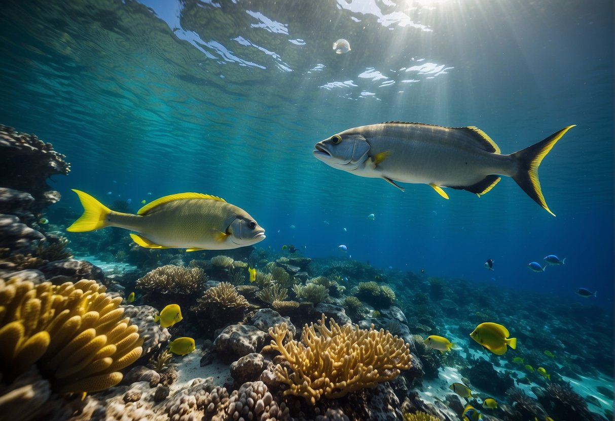 A vibrant underwater scene with Mahi Mahi swimming among colorful coral and marine plants, with a clear blue water background
