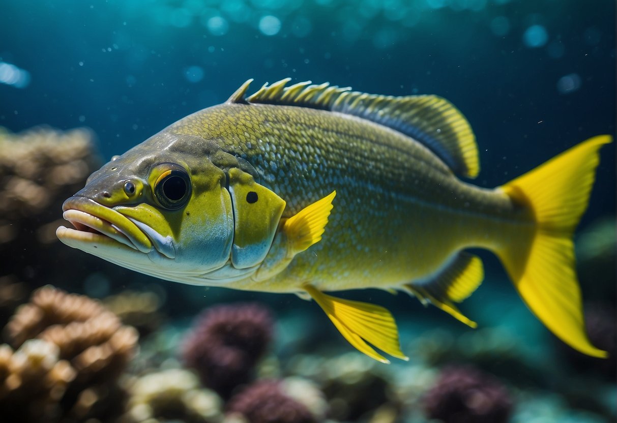 A mahi mahi swimming alongside other fish, with a nutrition label and magnifying glass nearby for comparison