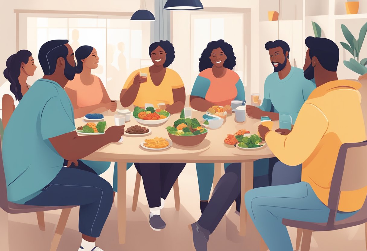 Weight loss support groups: A diverse group of individuals gather in a supportive environment, engaging in discussions and activities focused on long-term appetite control and weight loss