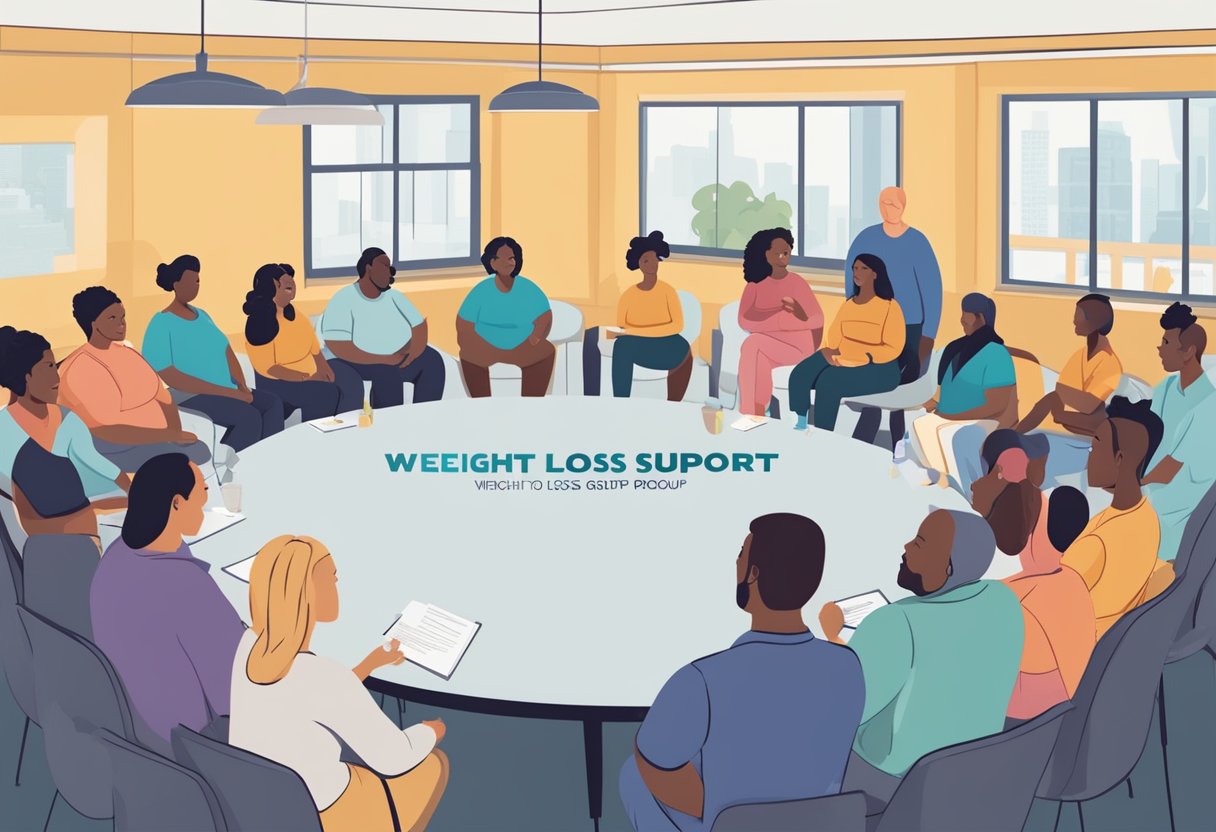 Weight loss support groups: A circle of diverse individuals sitting together, sharing their experiences and providing encouragement. A banner with the words "Weight Loss Support Group" hangs in the background