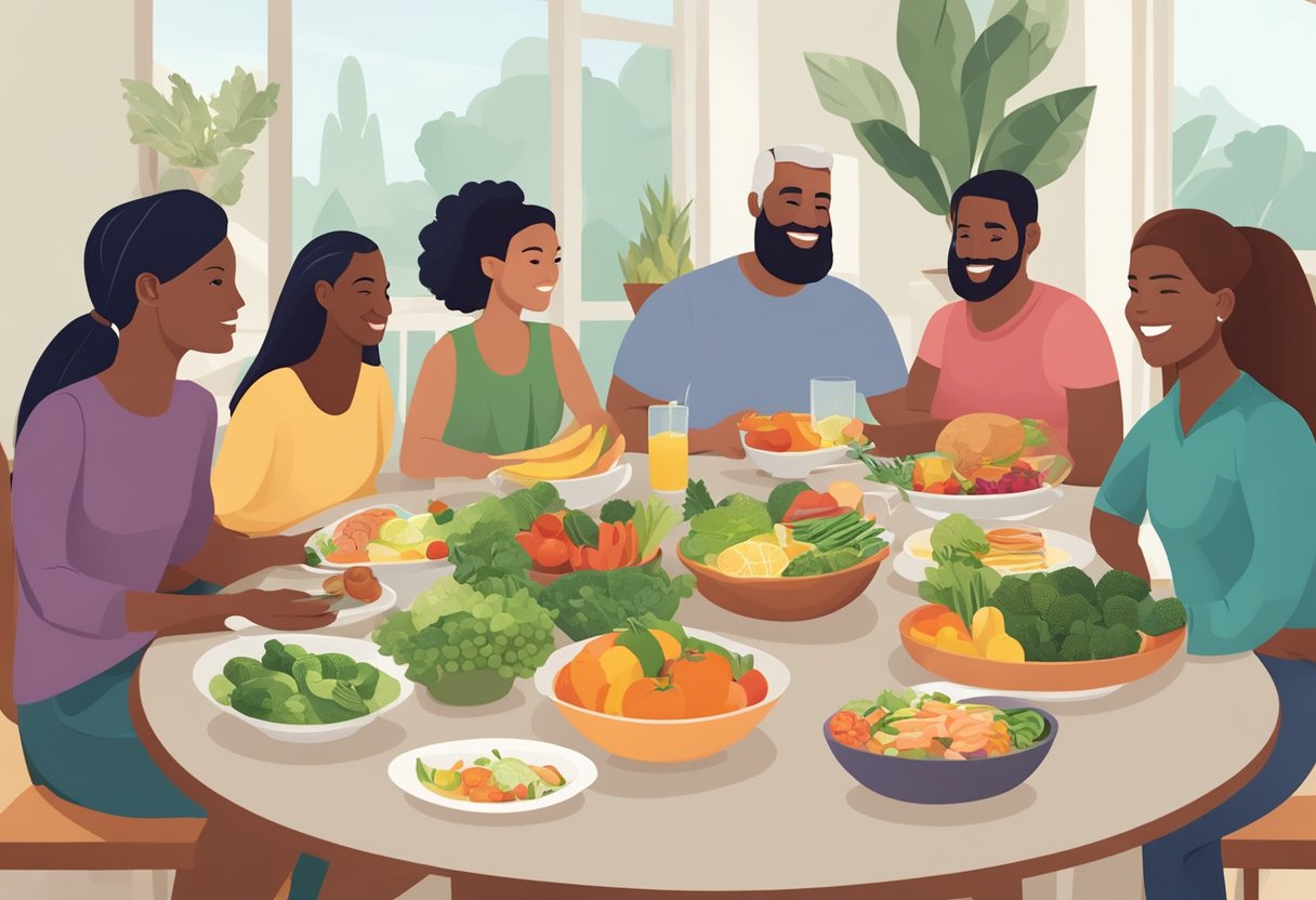 Weight loss support groups: A diverse group of people gather around a table of healthy food, engaged in conversation and support. A nutritionist leads the discussion, emphasizing the importance of long-term appetite control for successful weight loss