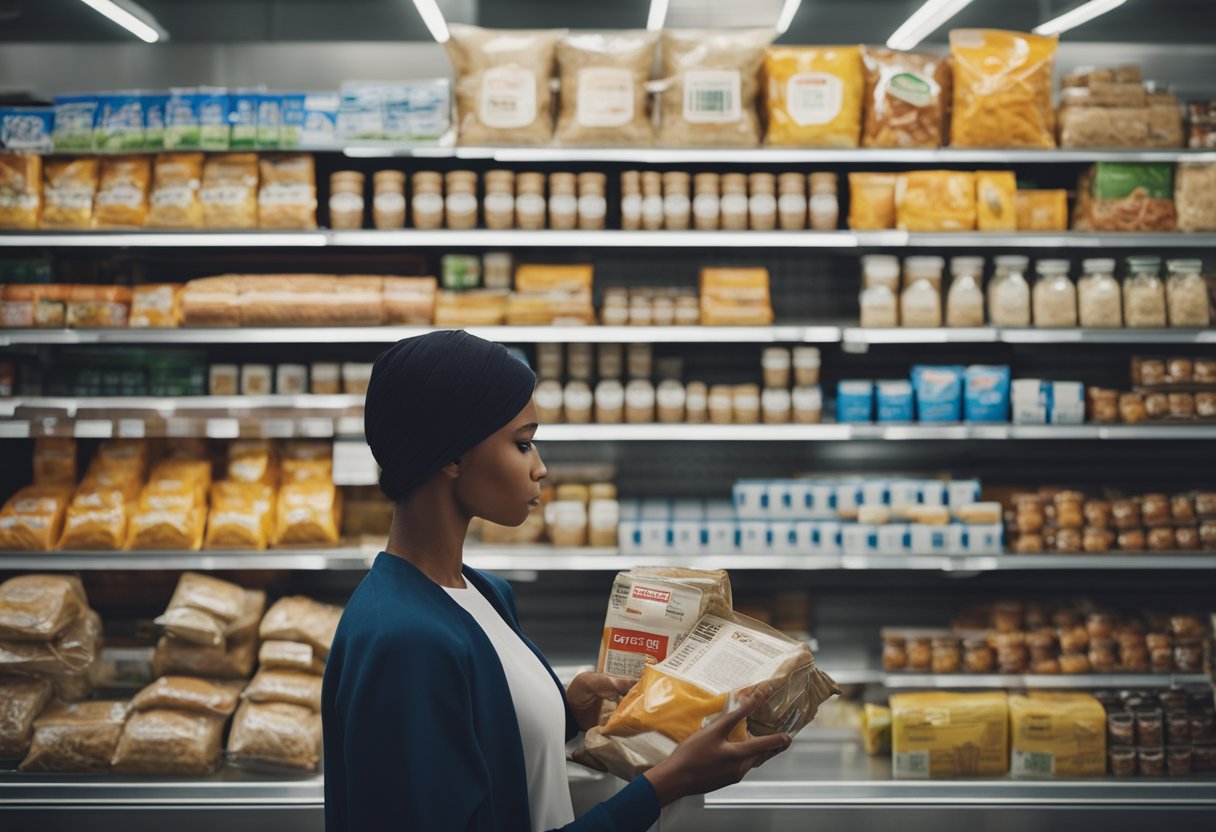 Importance of Reading Food Labels: A person holding a food product while reading the nutrition label with a concerned expression. Surrounding them are various packaged food items with visible nutrition labels