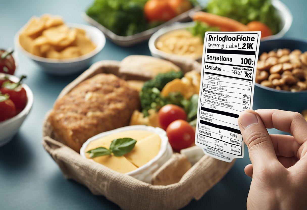 Importance of Reading Food Labels: A hand holding a food label with serving size highlighted, surrounded by various food items with exaggerated portion sizes