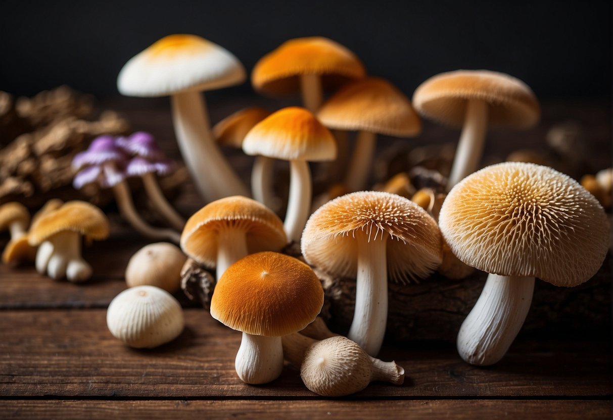 Various types of nootropic mushrooms arranged on a wooden table, including lion's mane, reishi, and cordyceps. Bright natural lighting illuminates the scene