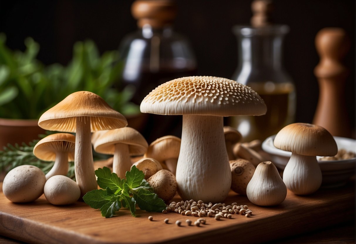 A variety of nootropic mushrooms are arranged on a wooden cutting board, showcasing their unique shapes, colors, and textures. A mortar and pestle sits nearby, hinting at the process of extracting their nutritional composition and chemistry