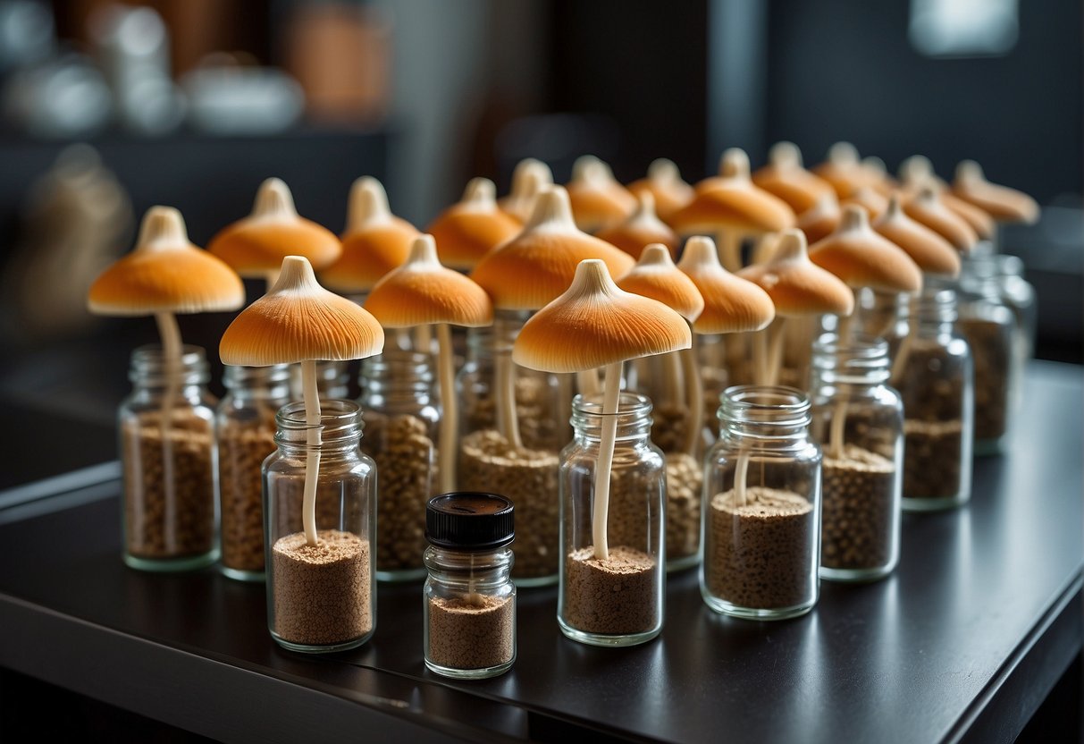 Various nootropic mushrooms displayed in a laboratory setting, with bottles, jars, and capsules of different forms of supplementation
