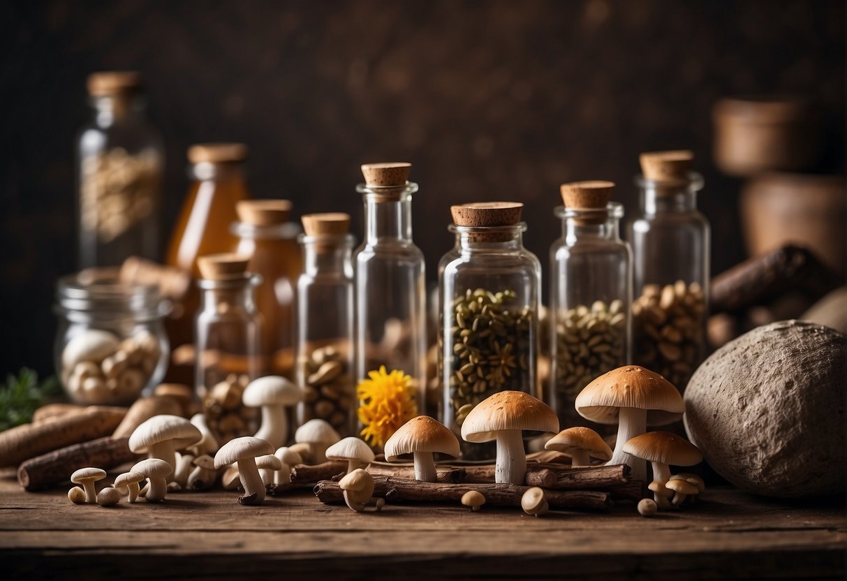A variety of nootropic mushrooms are arranged in a traditional medicine setting, with modern medical tools nearby
