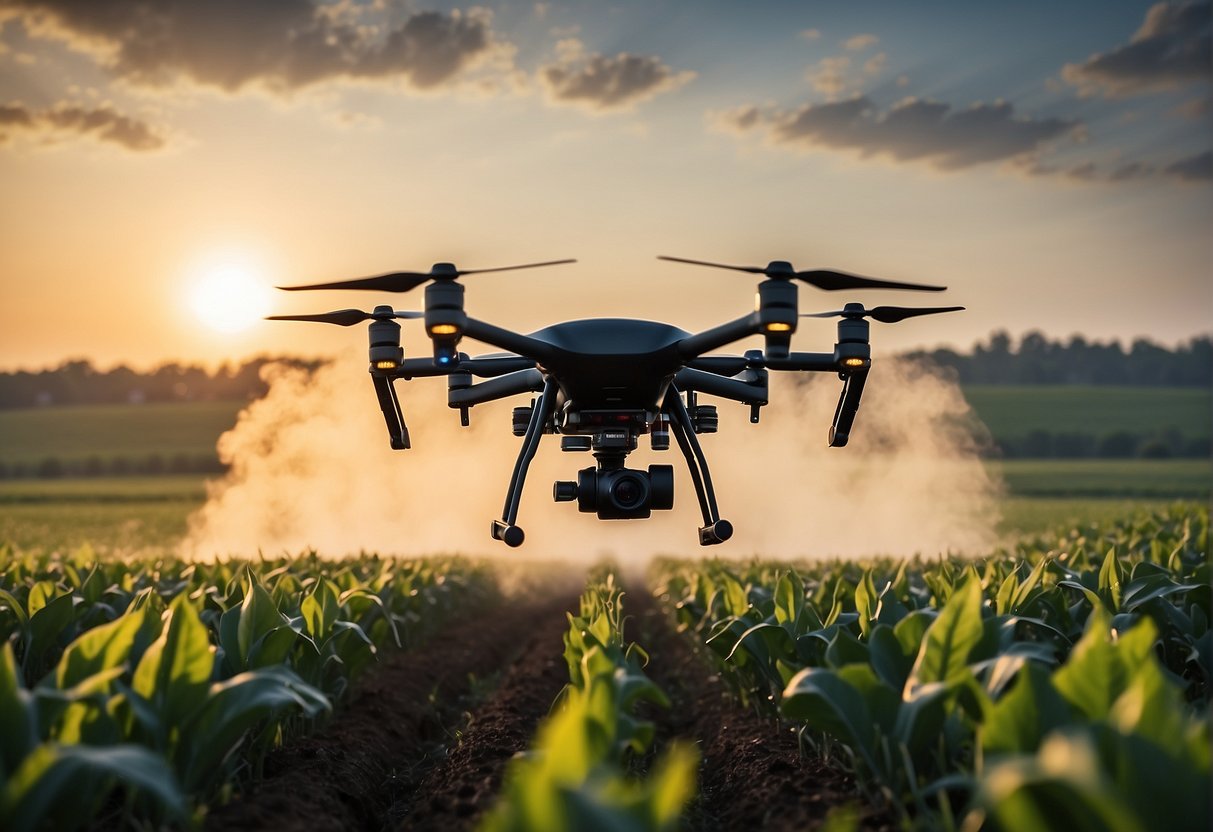 A drone sprayer hovers over a field, releasing a mist of chemicals onto the crops below