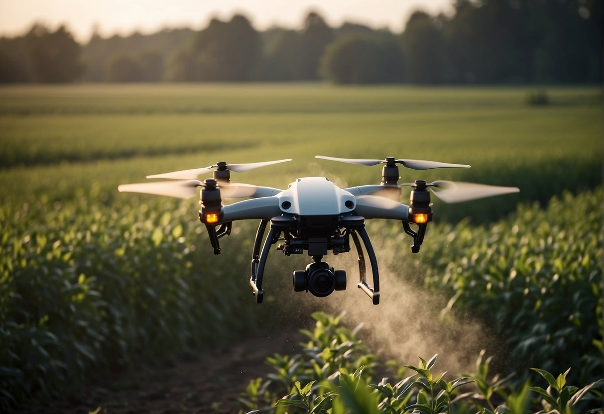 Aerial view of drone sprayers in action over fields, releasing pesticide or fertilizer