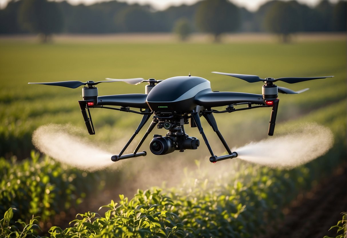 A drone sprayer hovers above a field, with its propellers spinning and spraying liquid fertilizer onto crops below. The drone's sleek design and advanced technology are evident as it efficiently covers the entire area with precision