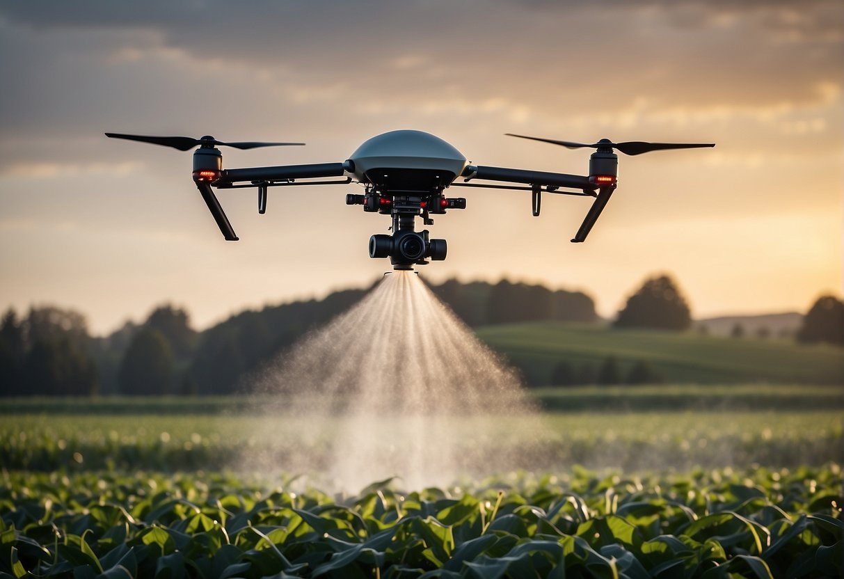 A drone sprayer hovers over a field, releasing a fine mist of chemicals. The drone's propellers whir as it follows a predetermined path, guided by GPS technology