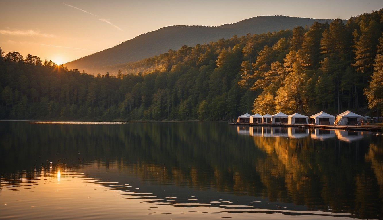 The sun sets over Lake Easton State Park, casting a warm glow on the tranquil water. Tents are pitched along the shore, surrounded by tall trees and distant mountains