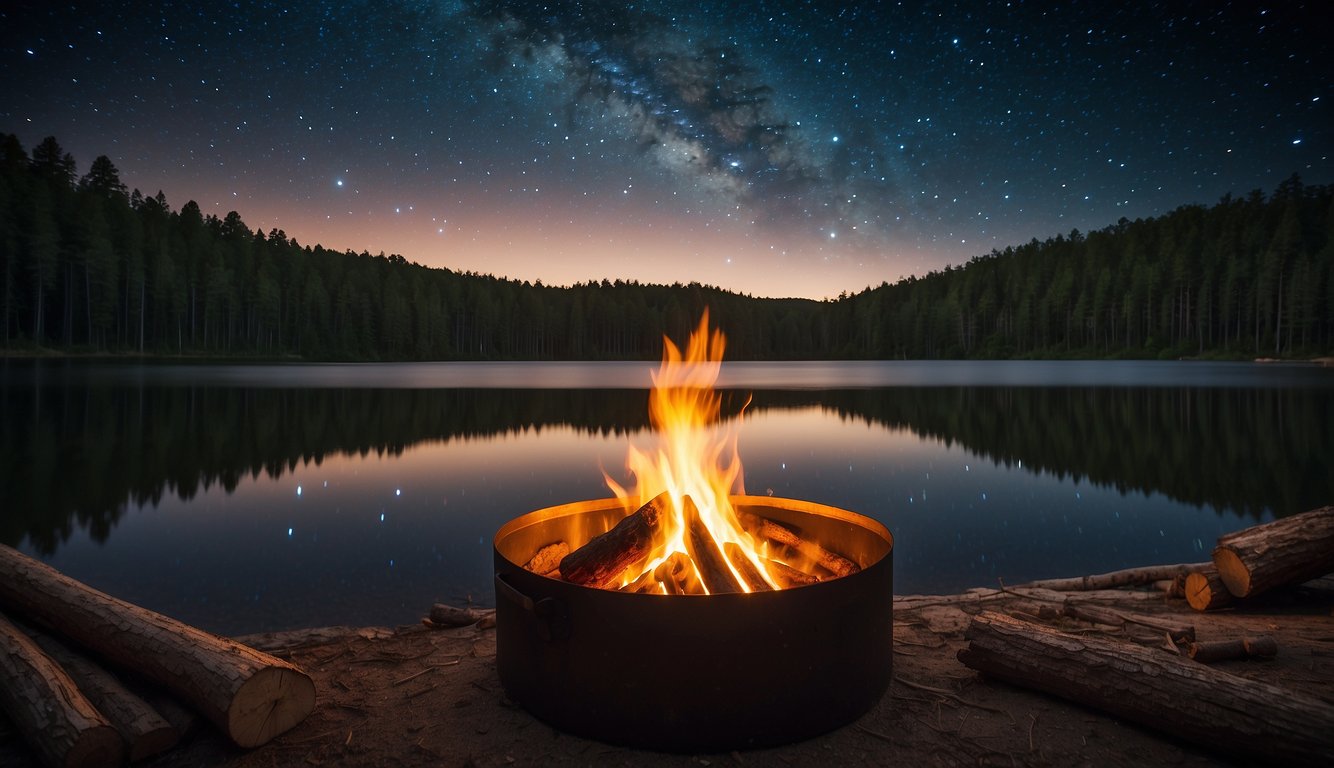 A campfire crackles beside a serene lake at Lake Easton State Park, surrounded by towering trees and a starry night sky
