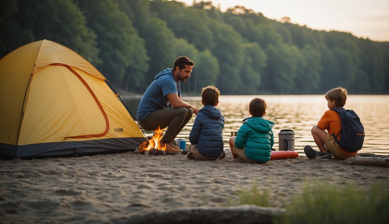 Families set up tents and start campfires by the tranquil lake at Easton State Park. Children play in the water while adults fish from the shore