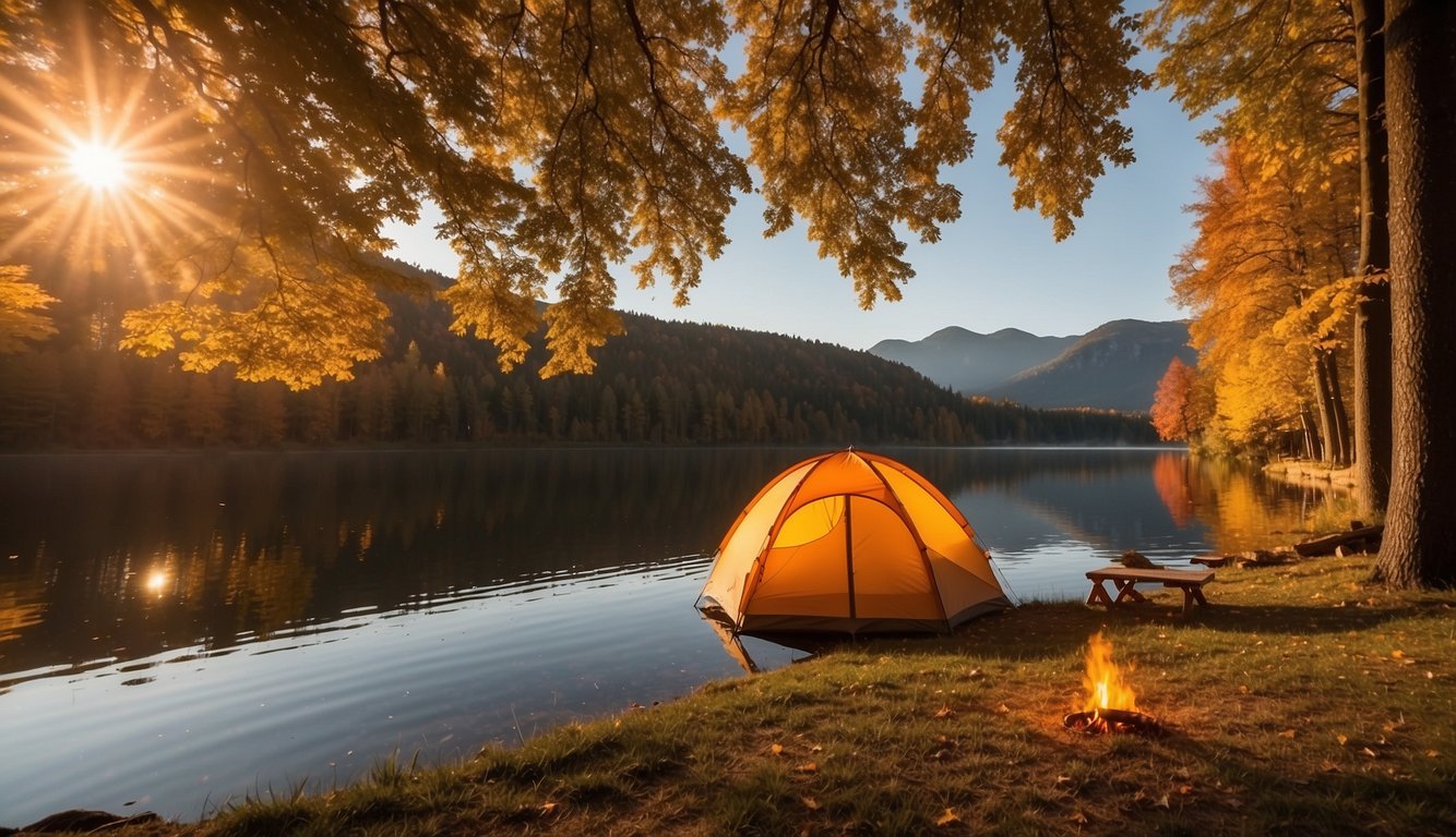 The sun sets over the calm lake, casting a warm glow on the surrounding trees. Tents are pitched on the grassy shore, with a cozy campfire crackling nearby. The autumn leaves are beginning to change, creating a colorful backdrop for the