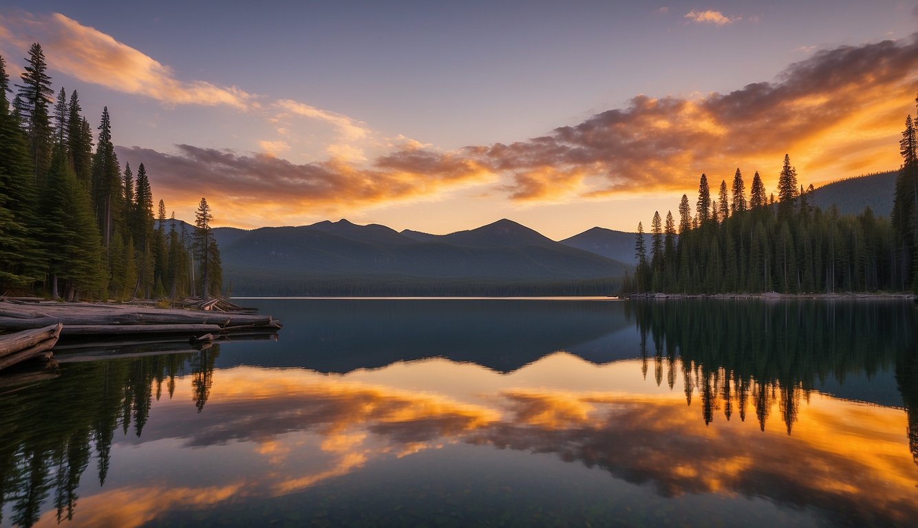 Sunset over Upper Priest Lake, with a campfire surrounded by towering pine trees and a serene, glassy lake reflecting the colorful sky