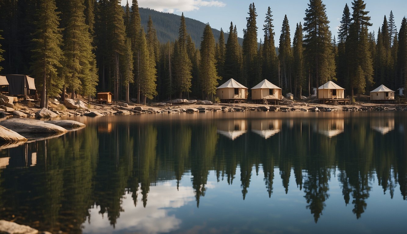 The campsite is nestled among tall pine trees, with cozy cabins and tents scattered around a crackling campfire. The calm waters of Upper Priest Lake glisten in the background