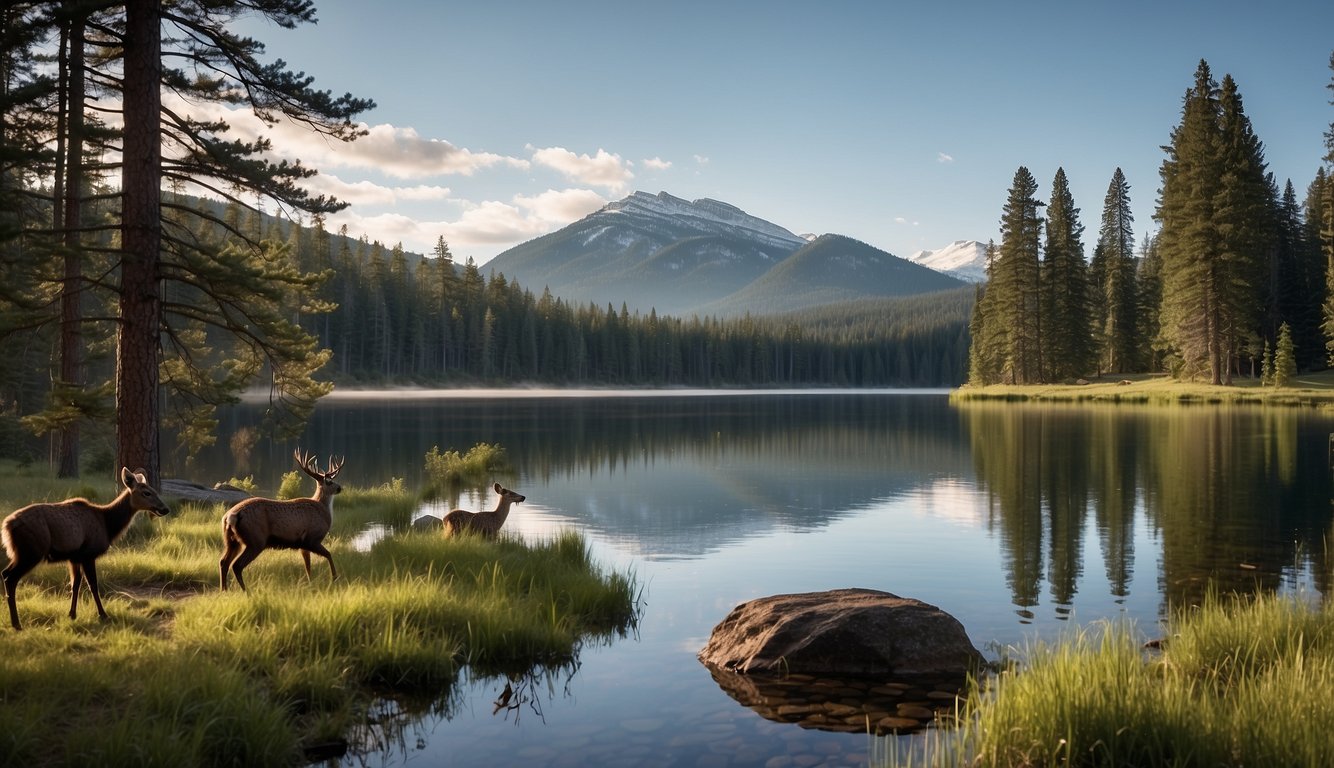 Tall pine trees surround a tranquil lake, with a family of deer grazing on the grassy shore. A bald eagle soars overhead, while a beaver swims near its lodge
