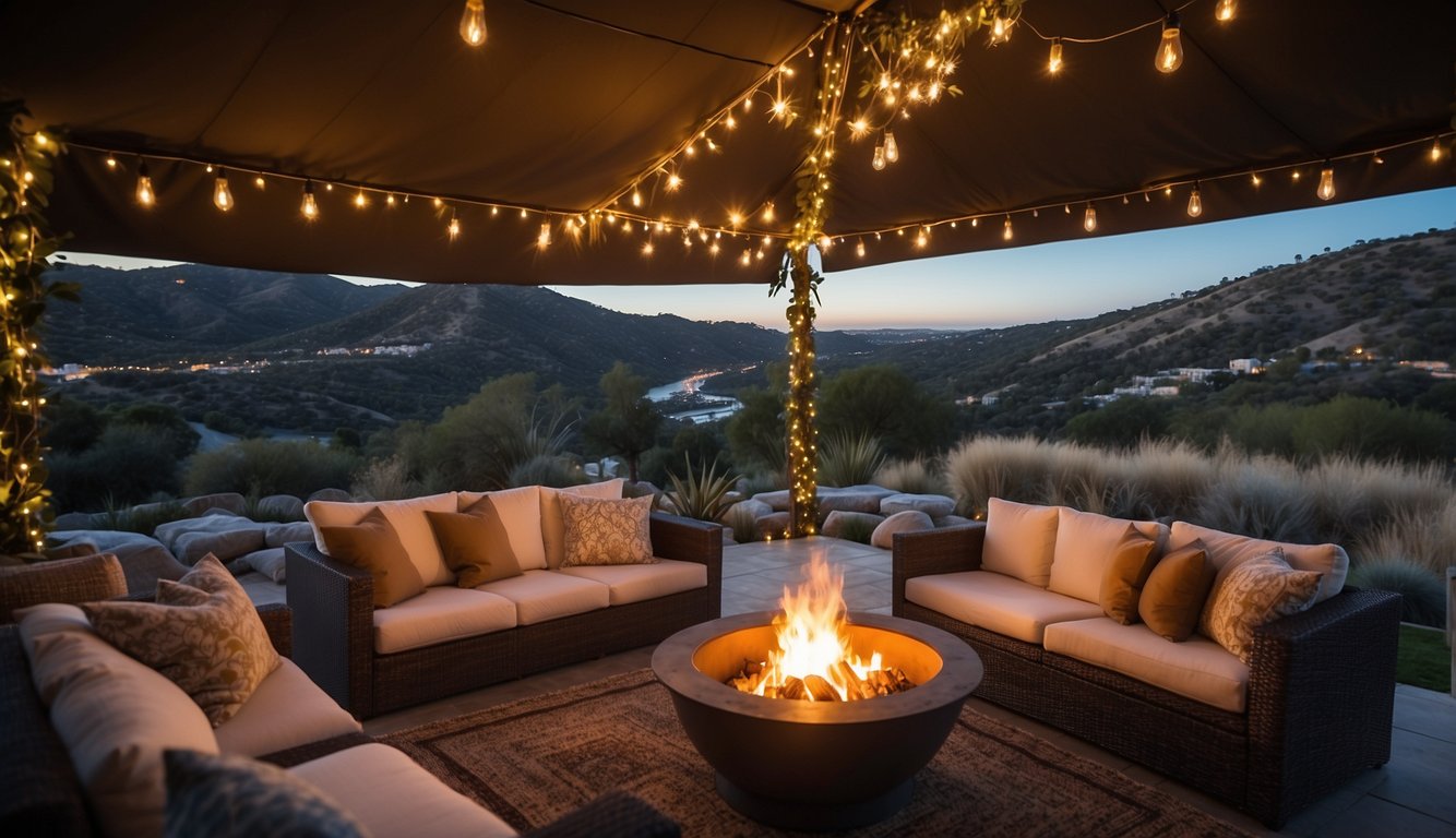 A luxurious tent nestled in the scenic hills of San Diego, with a cozy fire pit, stylish outdoor furniture, and twinkling string lights