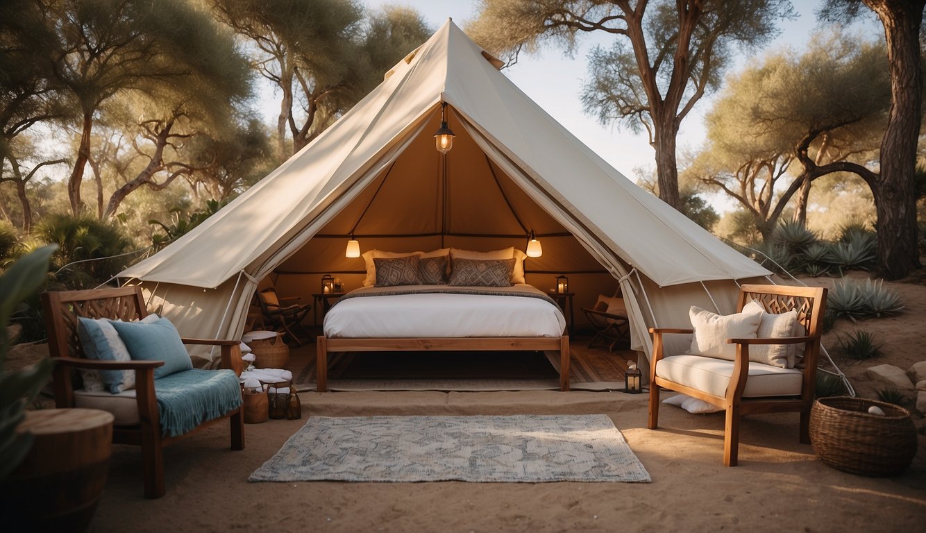 A cozy glamping tent nestled in a serene San Diego landscape, complete with luxurious furnishings, soft bedding, and modern amenities for a comfortable stay