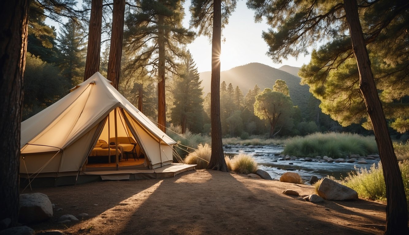A cozy glamping tent nestled among tall trees with a nearby flowing stream and a view of the San Diego mountains