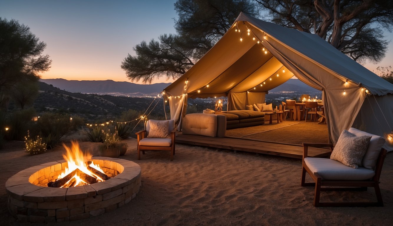A luxurious tent nestled in a scenic San Diego landscape, with cozy furnishings, a crackling fire pit, and twinkling string lights