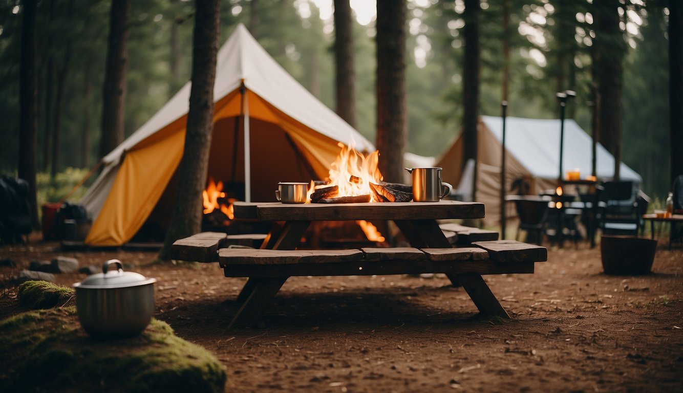 A cozy campsite with a luxurious tent surrounded by tall trees, a crackling campfire, and a picnic table set with gourmet food and drinks