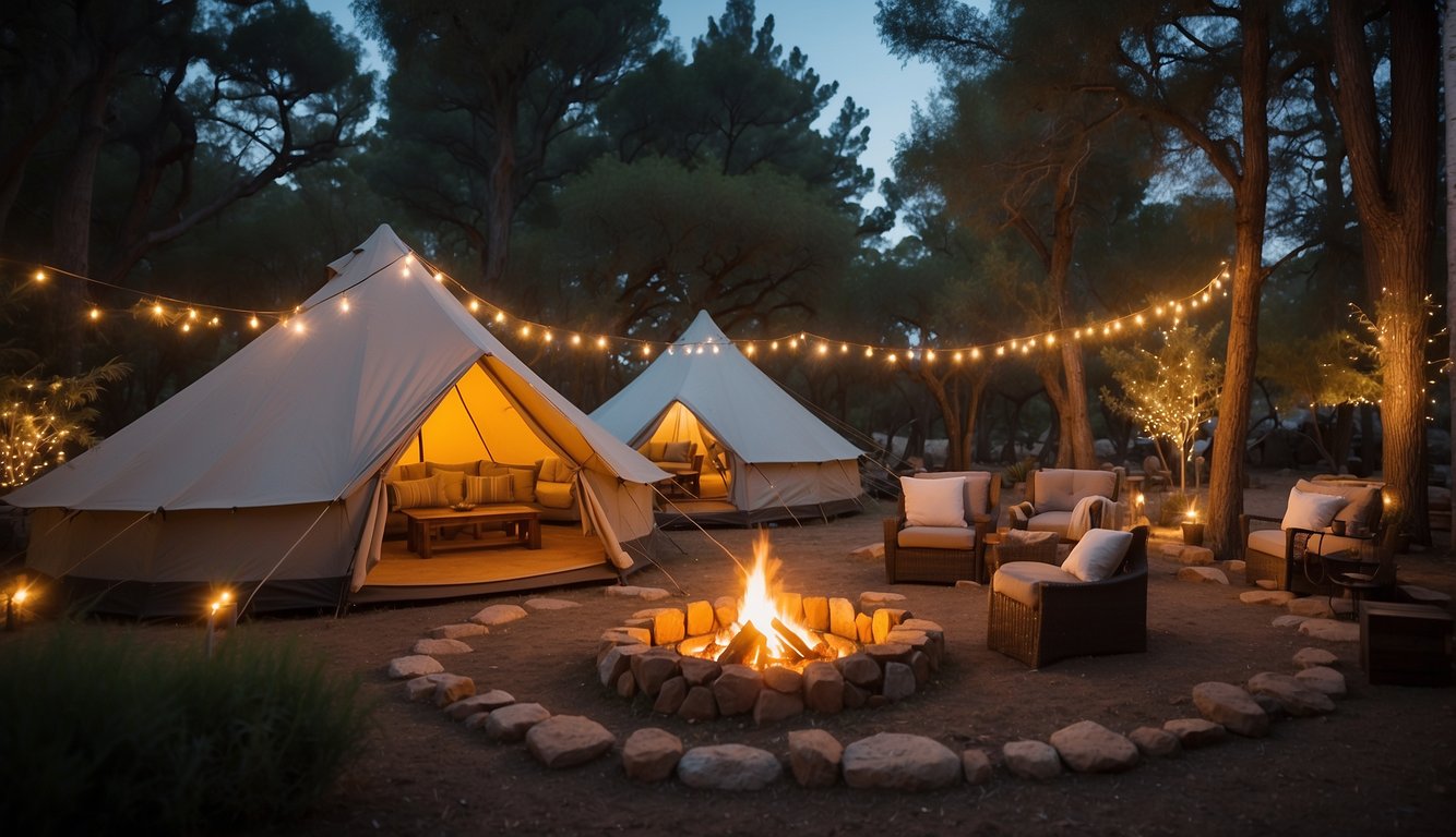 A cozy glamping site in San Diego, with luxurious tents nestled among tall trees, a crackling campfire, and twinkling string lights illuminating the night sky