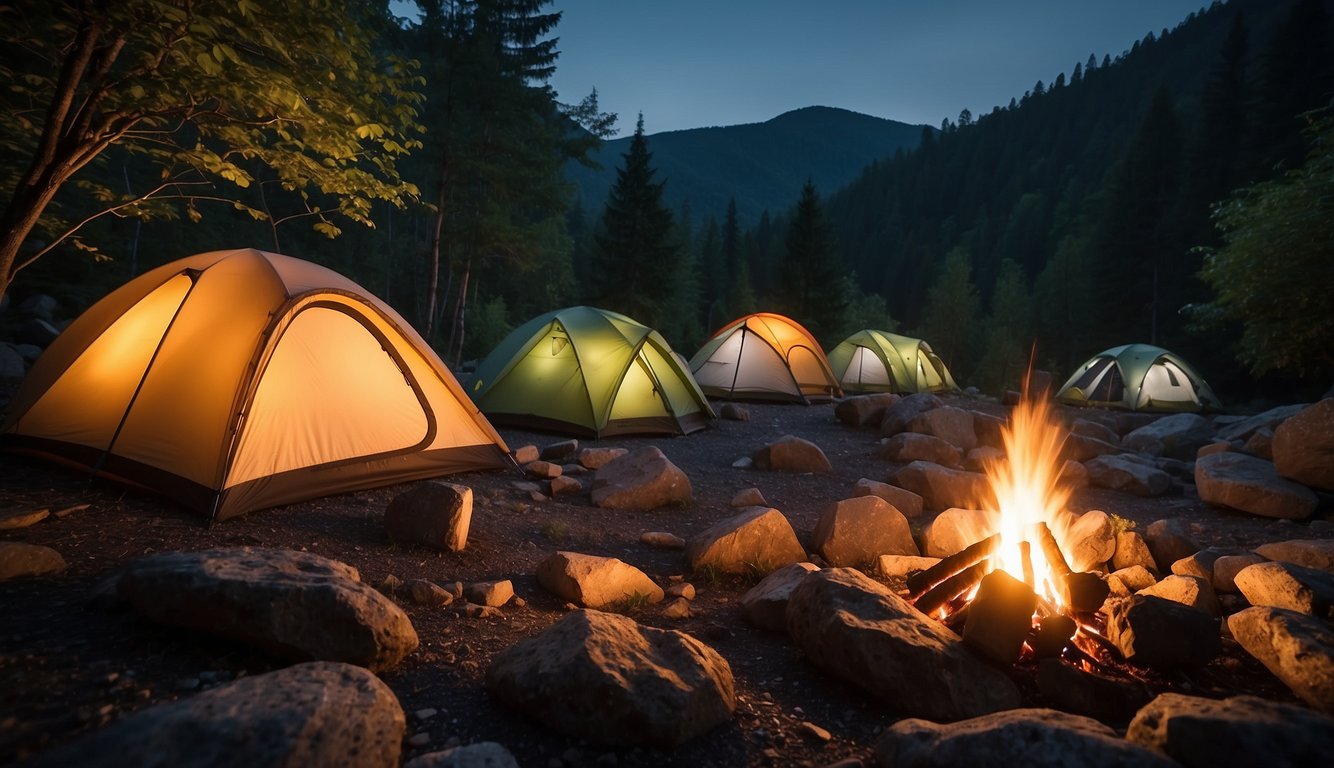 Tents pitched on rocky terrain, surrounded by lush greenery and towering trees. A crackling campfire with smoke rising into the clear night sky