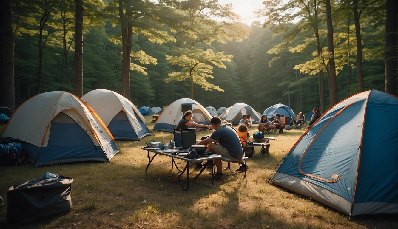 Campers setting up tents in designated areas at Rocky Gap State Park, following posted rules and regulations