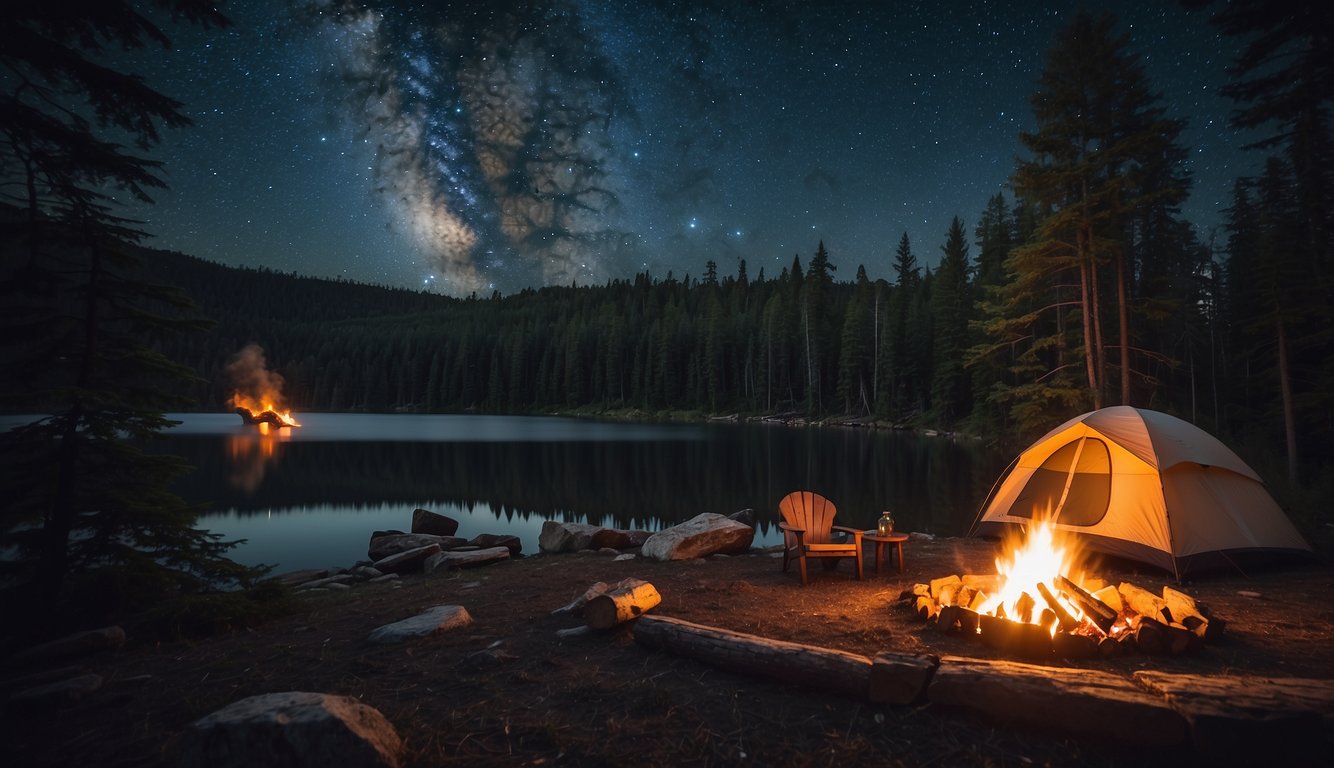 A serene campsite nestled in the woods, with a crackling campfire and a clear night sky filled with stars above
