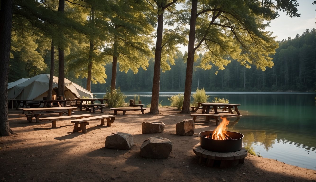 A peaceful campsite in Lloyd Park; tents nestled among tall trees, a crackling fire, and a serene lake in the background